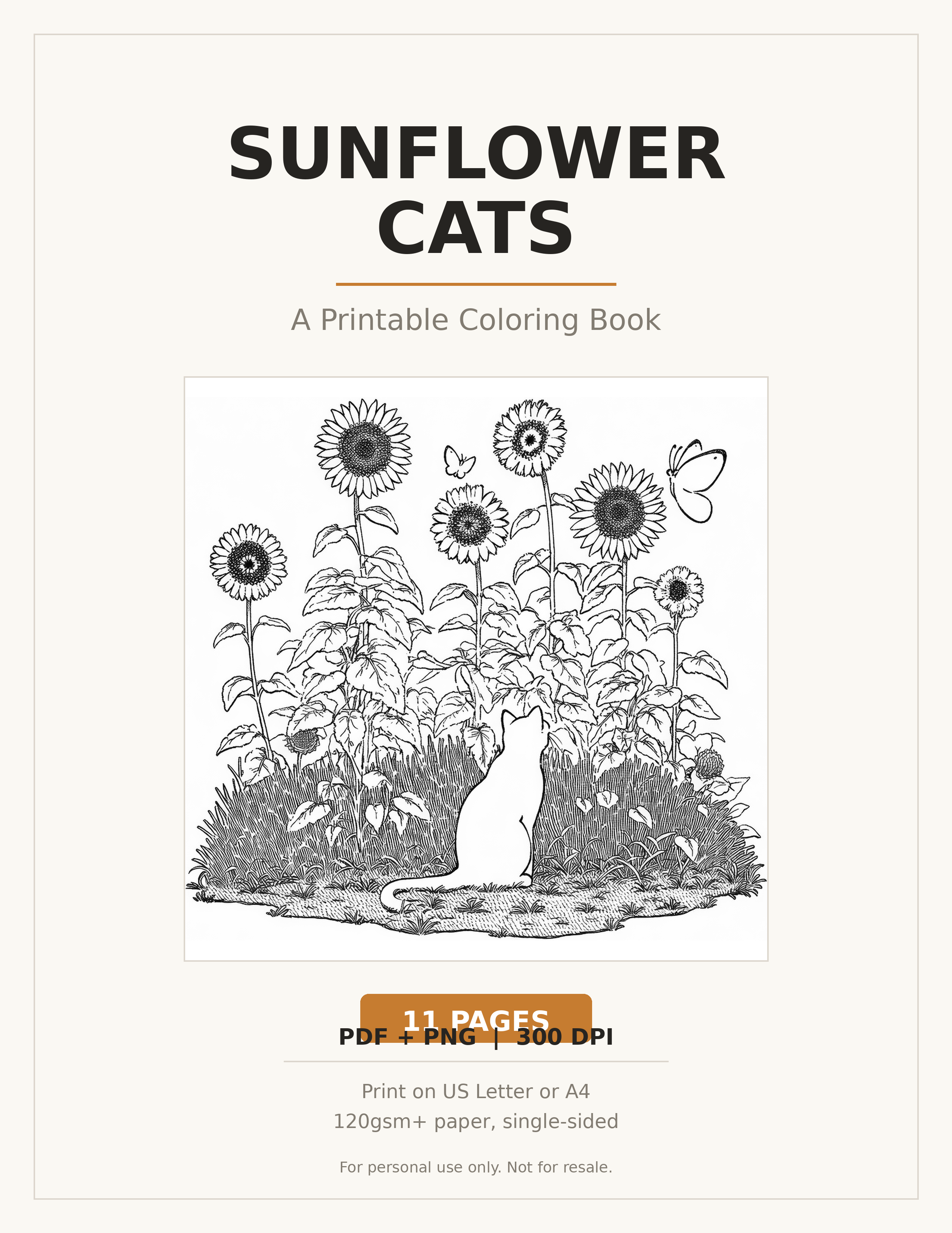 Sunflower Cats Coloring Book | 11 Printable Pages | Instant Download PDF + PNG
