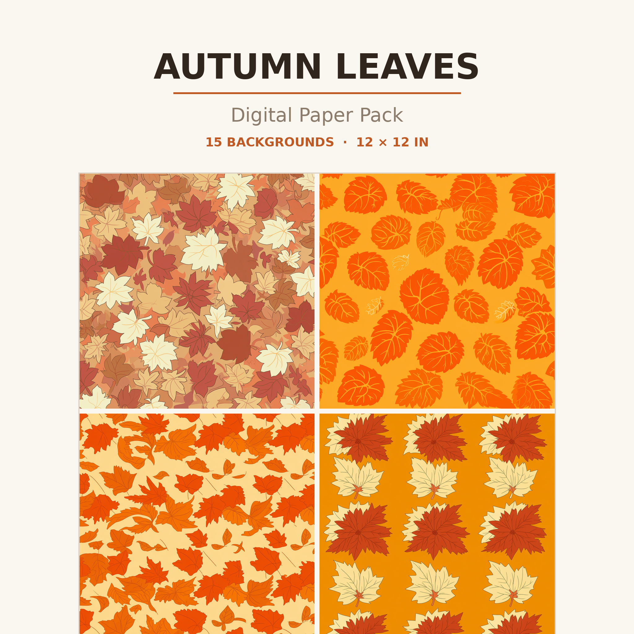 Autumn Leaves Digital Paper Pack | 15 Backgrounds | 12x12 Fall Scrapbook Paper | Instant Download