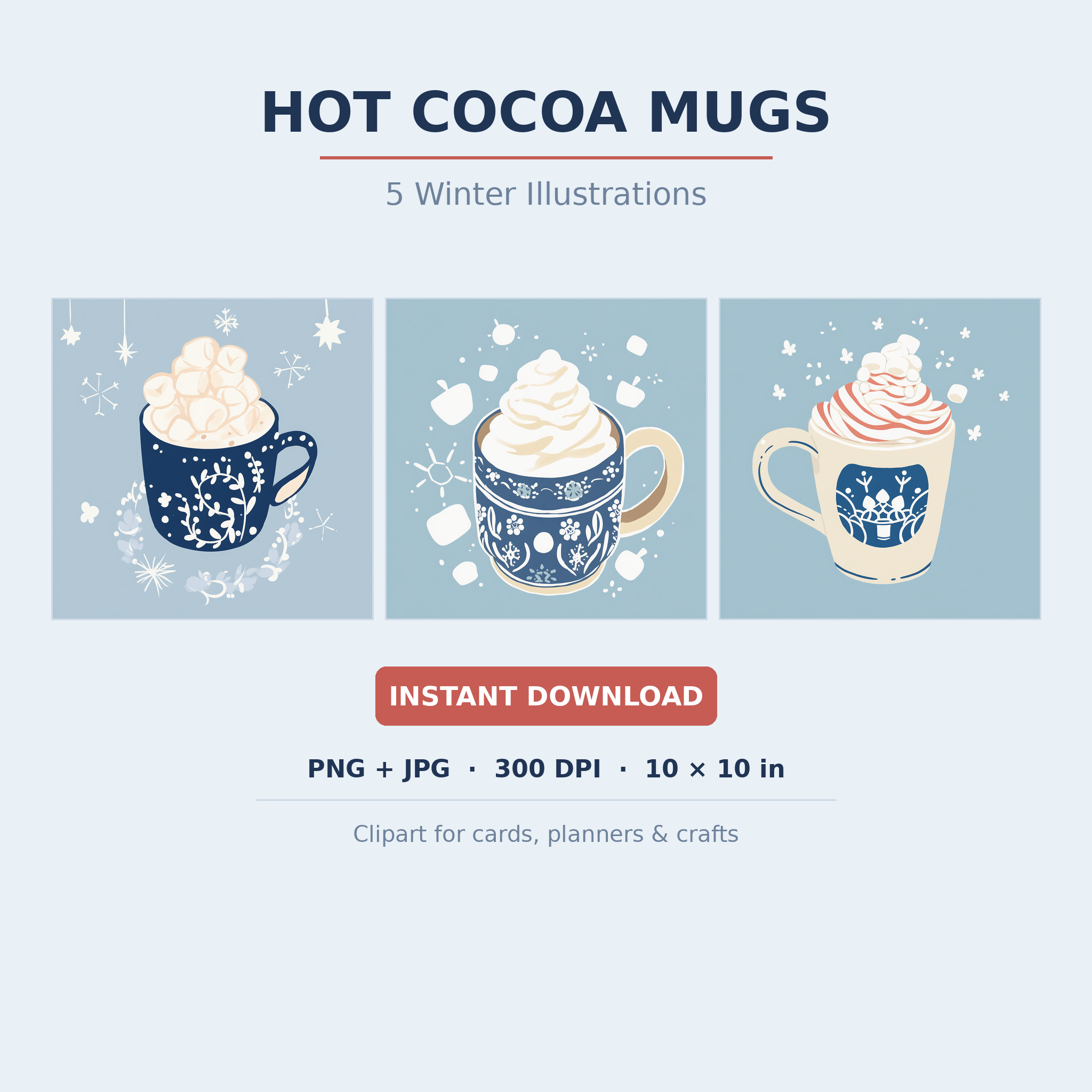 Hot Cocoa Mugs Clipart | 5 Winter Illustrations | Cozy Christmas Digital Art | Instant Download PNG JPG
