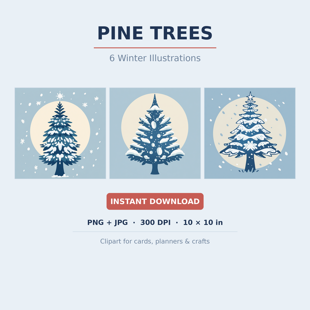 Pine Trees Clipart | 6 Winter Illustrations | Snowy Christmas Tree Digital Art | Instant Download PNG JPG