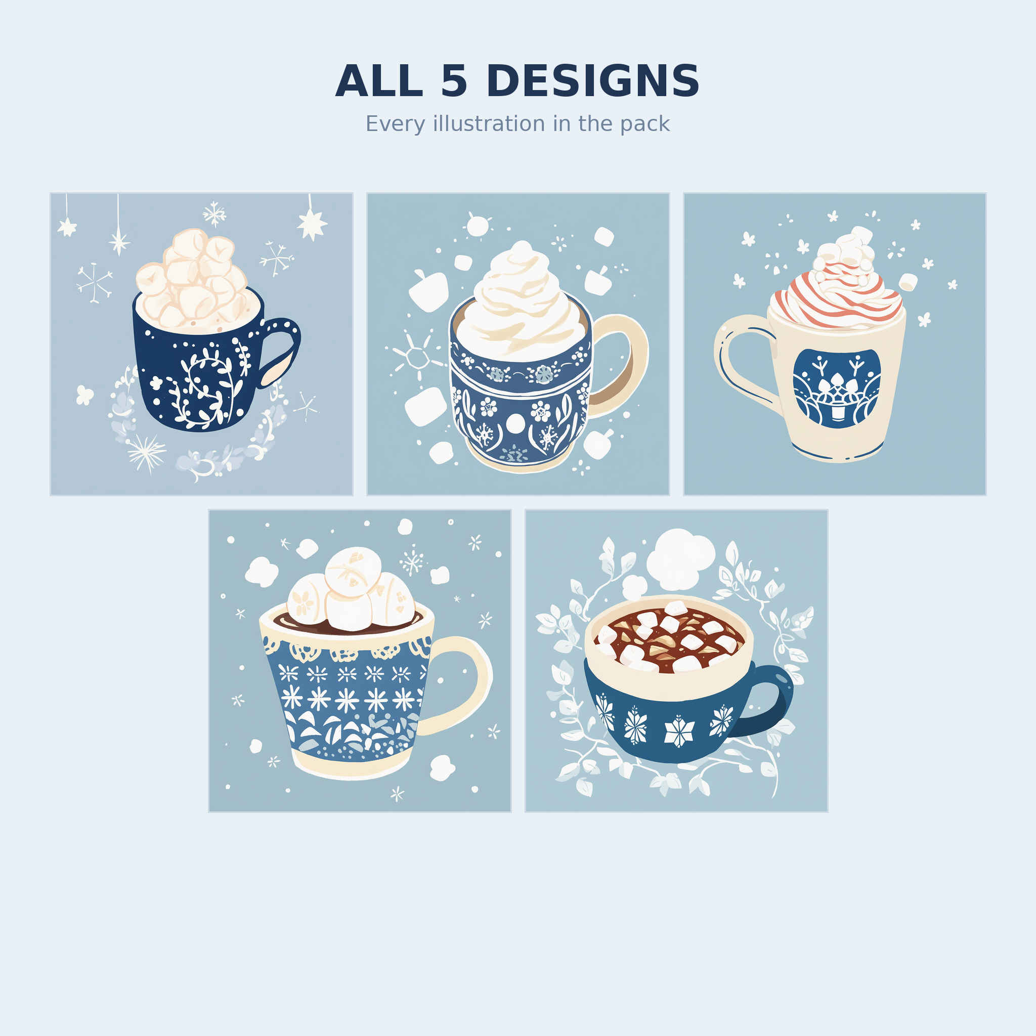 Hot Cocoa Mugs Clipart | 5 Winter Illustrations | Cozy Christmas Digital Art | Instant Download PNG JPG