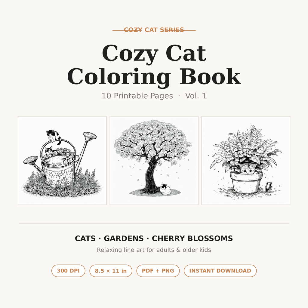 Cozy Cat Colouring Book for Adults | 10 Printable Pages | Kawaii Cat Line Art | Instant Digital Download PDF