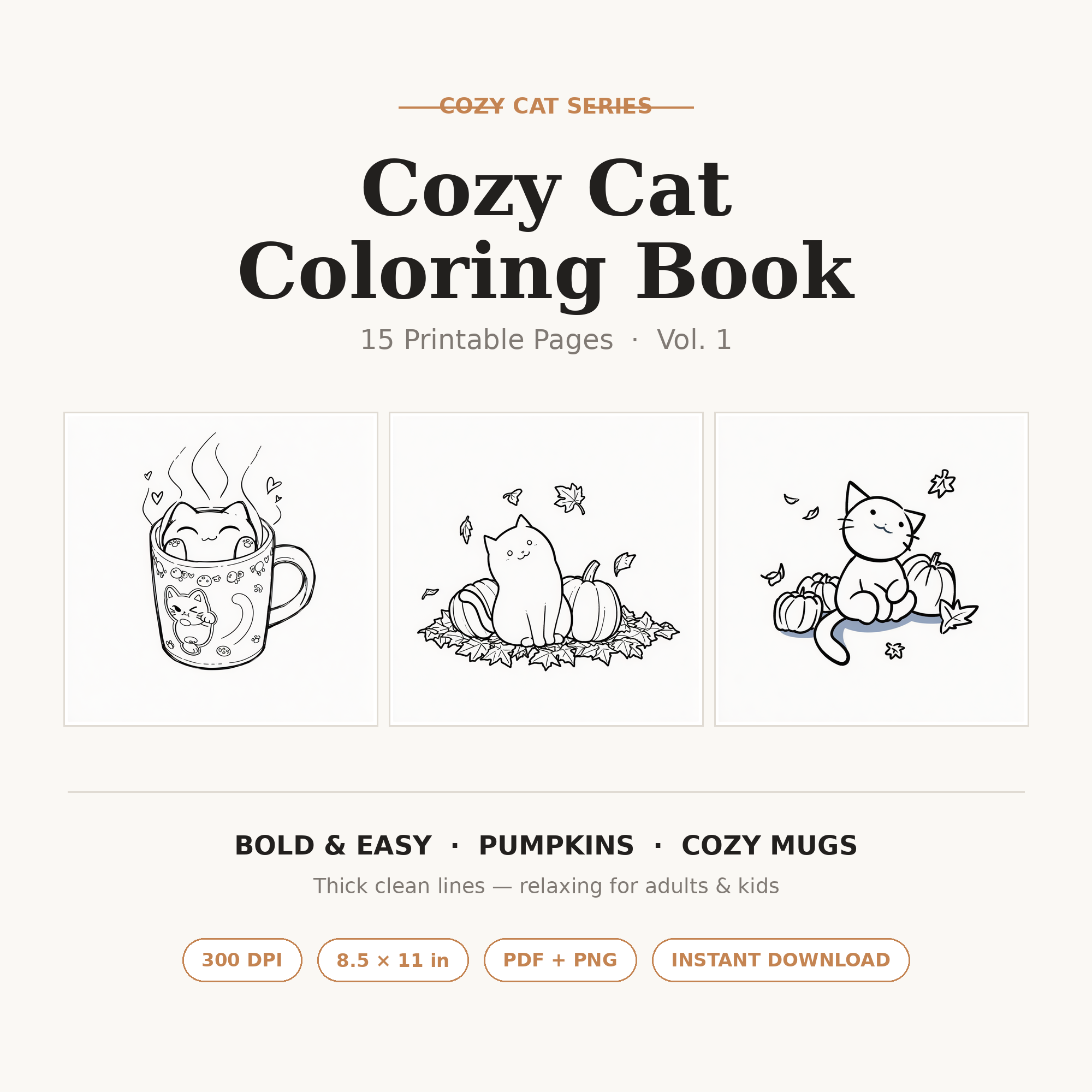 Cozy Cat Coloring Book | 15 Bold & Easy Printable Pages | Cats, Pumpkins & Cocoa Mugs | Adult & Kids Line Art | Instant Digital Download PDF