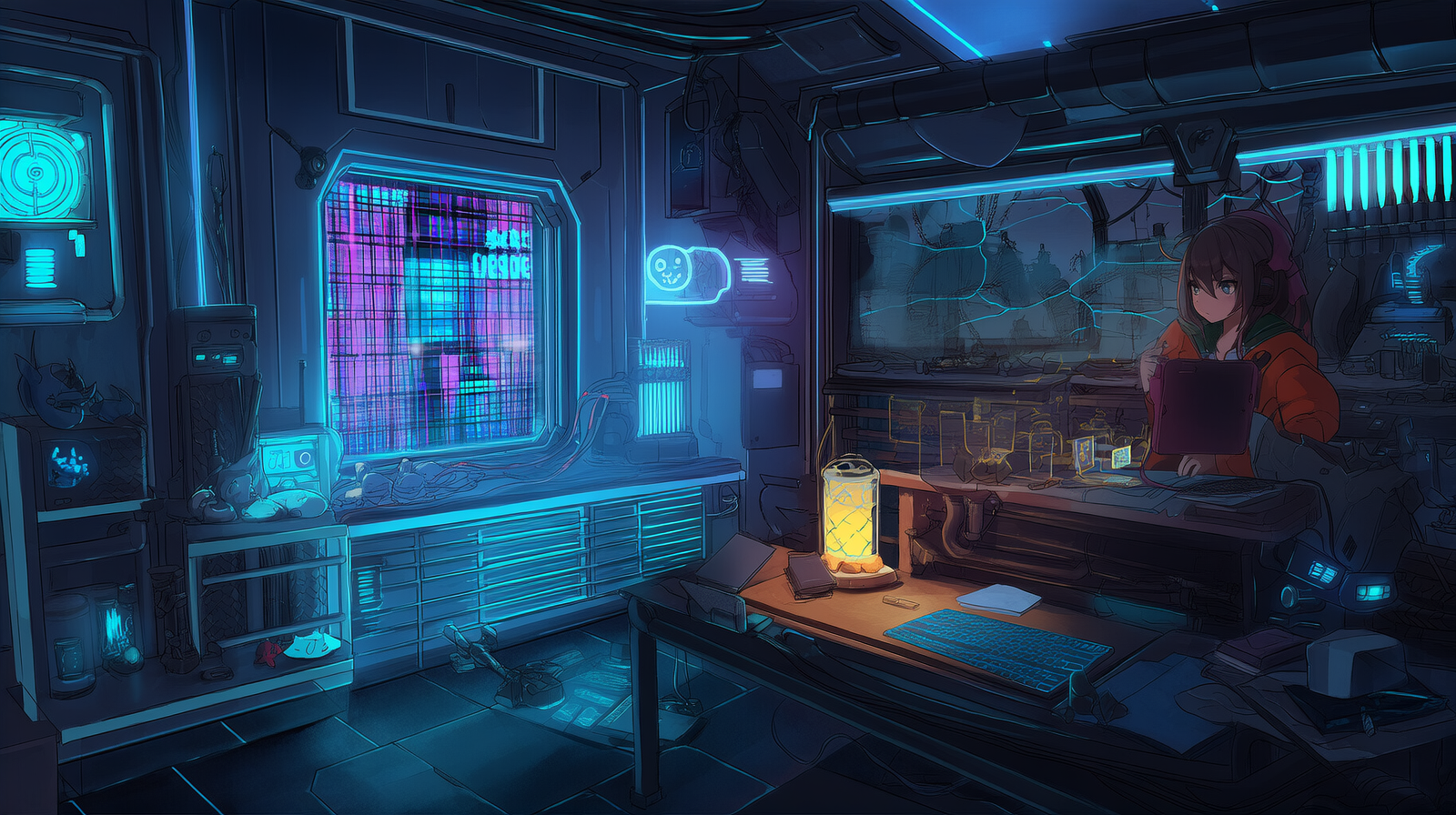 Vtuber cozy room background - Stream scene set -  Cyberpunk theme v3