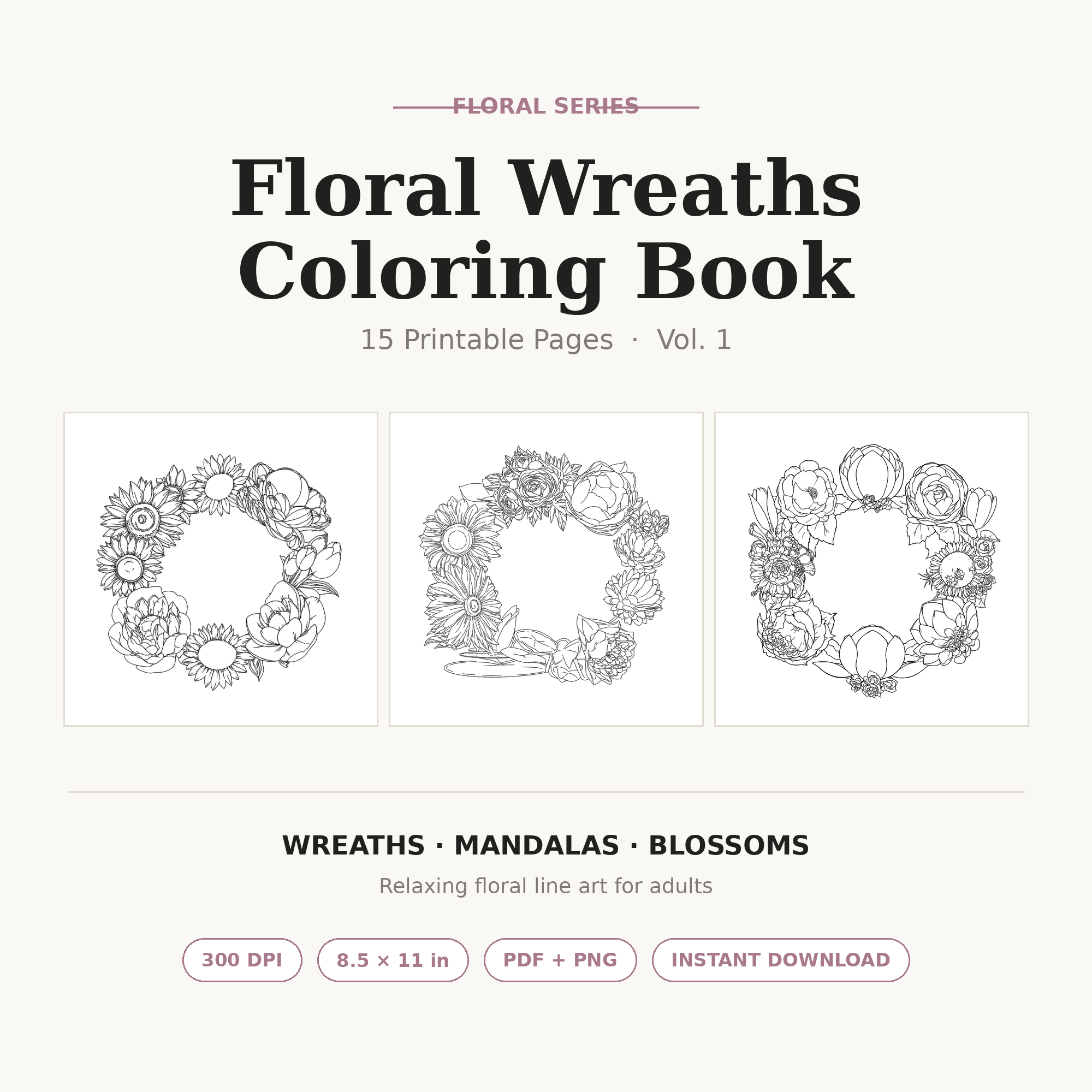 Floral Wreath Coloring Book | 15 Printable Pages | Flower Mandala & Wreath Line Art | Adult Coloring | Instant Digital Download PDF