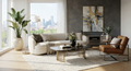 Modern Luxury Living Room 3D Interior Scene | Render-Ready Curved Bouclé Sofa & Marble Coffee Table Set