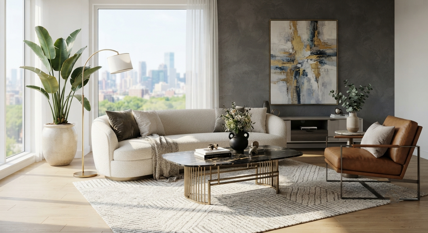 Modern Luxury Living Room 3D Interior Scene | Render-Ready Curved Bouclé Sofa & Marble Coffee Table Set