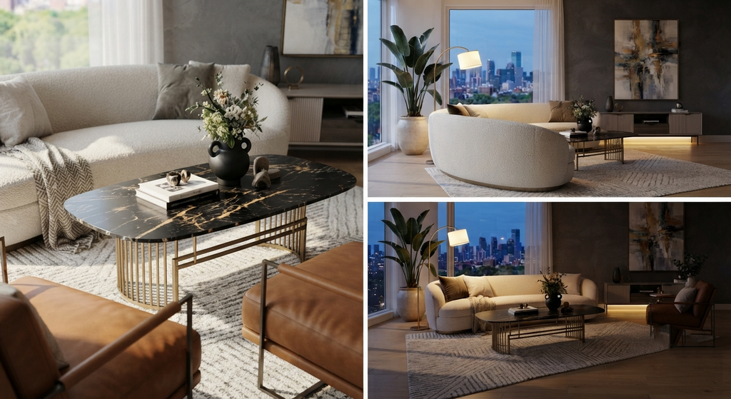 Modern Luxury Living Room 3D Interior Scene | Render-Ready Curved Bouclé Sofa & Marble Coffee Table Set