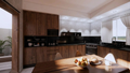 Modern Walnut Kitchen & Dining Integrated 3D Scene Model | High-Poly Interior Render Asset