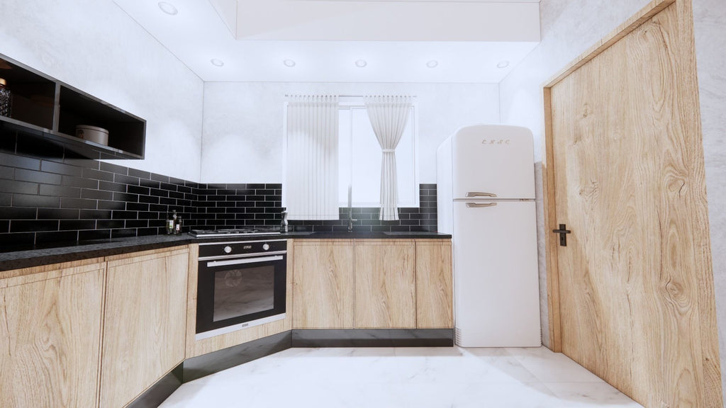 Modern Walnut Kitchen & Dining Integrated 3D Scene Model | High-Poly Interior Render Asset