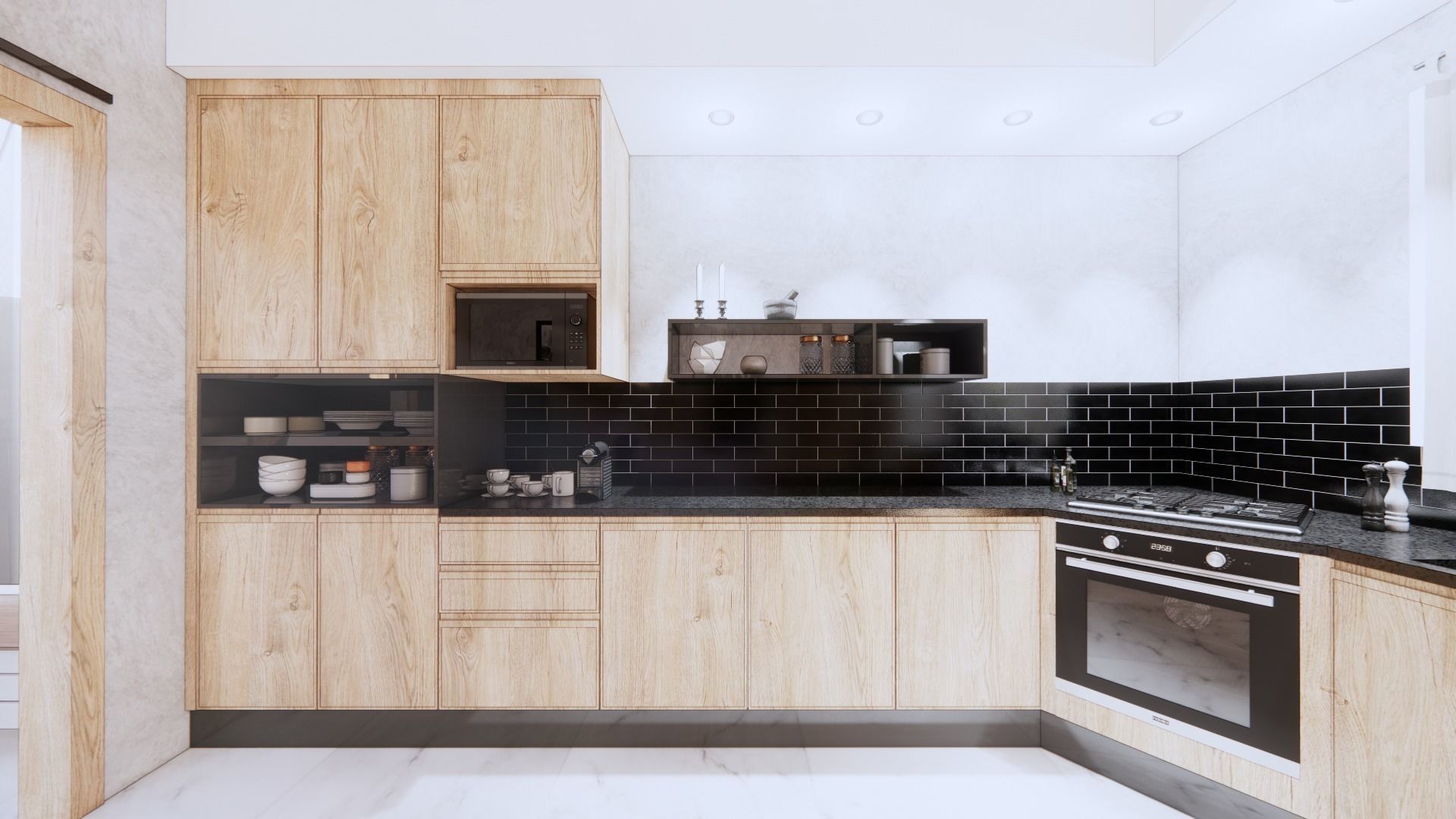 Modern Walnut Kitchen & Dining Integrated 3D Scene Model | High-Poly Interior Render Asset